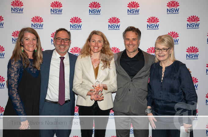 Community Wellbeing and Resilience program - Pictured L-R: Kate Van Saane (Healthy North Coast), Jihad Dib (NSW Minister for Emergency Services), Monika Wheeler (CEO Healthy North Coast), Dr Jean Renouf (Founder and CEO, Plan C), Joanna Quilty (NSW Reconstruction Authority). Image courtesy of NSW Reconstruction Authority.