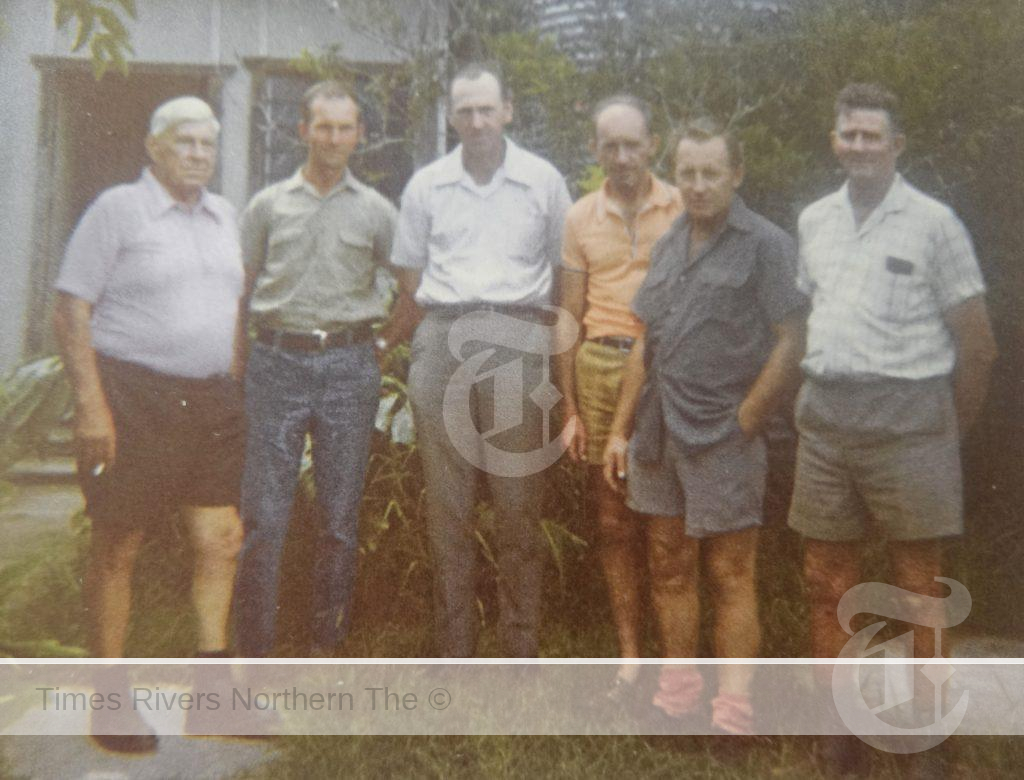 Taken at Glasby's residence, Gorge Creek on 18/1/1975 J. Glasby, A. Moss, R. Moss, R. Townsend, R. Braid and F. Smith. Last Trustees of the Bottle Creek Hall