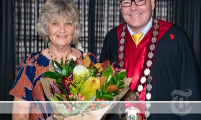 2024 Lismore Citizen of the Year Mieke Bell with Lismore City Mayor Steve Krieg for the Lismore Australia Day Awards